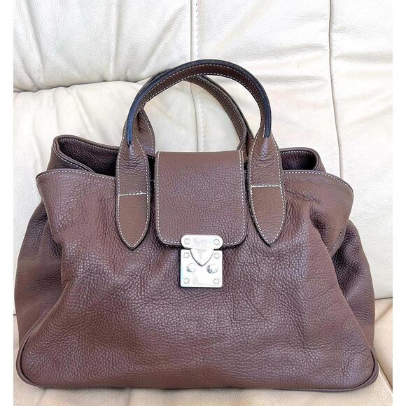 Handbags - BORSE IN PELLE Italy Brown Pebble Leather Tote Handbag Silver Lock